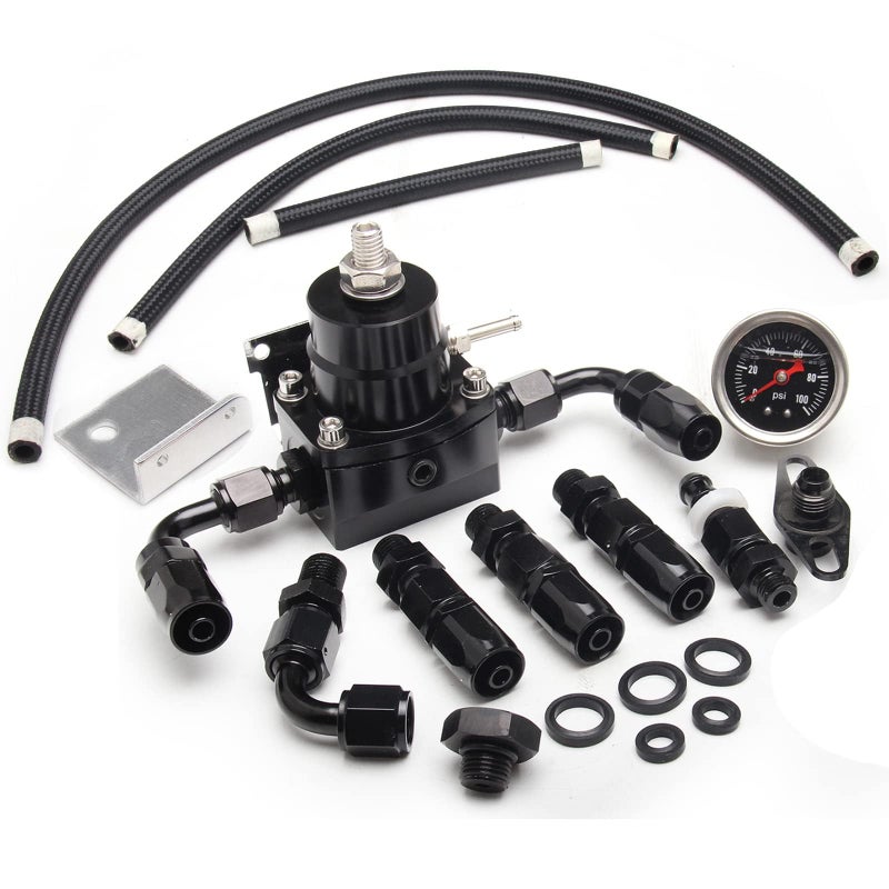 YESHMA EFI Fuel Pressure Regulator Kit 0-100psi with Gauge 6AN Fuel Line Fitting Universal Adjustable Aluminum (Black) - Image 1